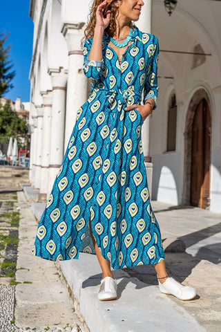 Vintage Summer Dress, Printed,Belted,With Pocket Long Sleeved,Polo Collared Dress,Attractive Dress,Wedding Dress,Minimal Dress,Boho Wear