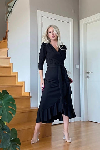 Midi Length Belted Dress-Designer Women- Gift For Woman - Crepe Fabric- Luxury Dress For Woman- Cocktail Dress