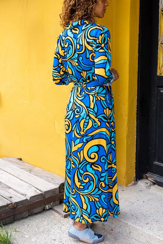 Vintage Summer Dress, Printed,Belted,With Pocket Long Sleeved,Polo Collared Dress,Attractive Dress,Wedding Dress,Minimal Dress,Boho Wear
