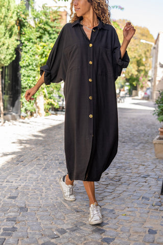 Vintage Linen Bat Sleeve Loose Pocket Shirt Dress Long Sleeve, Polo Collared Dress, Button Down Dress, Casual Dress,Vintage Dress,Maxi Dress