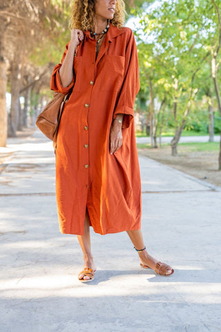 Vintage Linen Bat Sleeve Loose Pocket Shirt Dress Long Sleeve, Polo Collared Dress, Button Down Dress, Casual Dress,Vintage Dress,Maxi Dress
