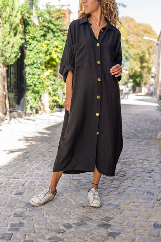 Vintage Linen Bat Sleeve Loose Pocket Shirt Dress Long Sleeve, Polo Collared Dress, Button Down Dress, Casual Dress,Vintage Dress,Maxi Dress
