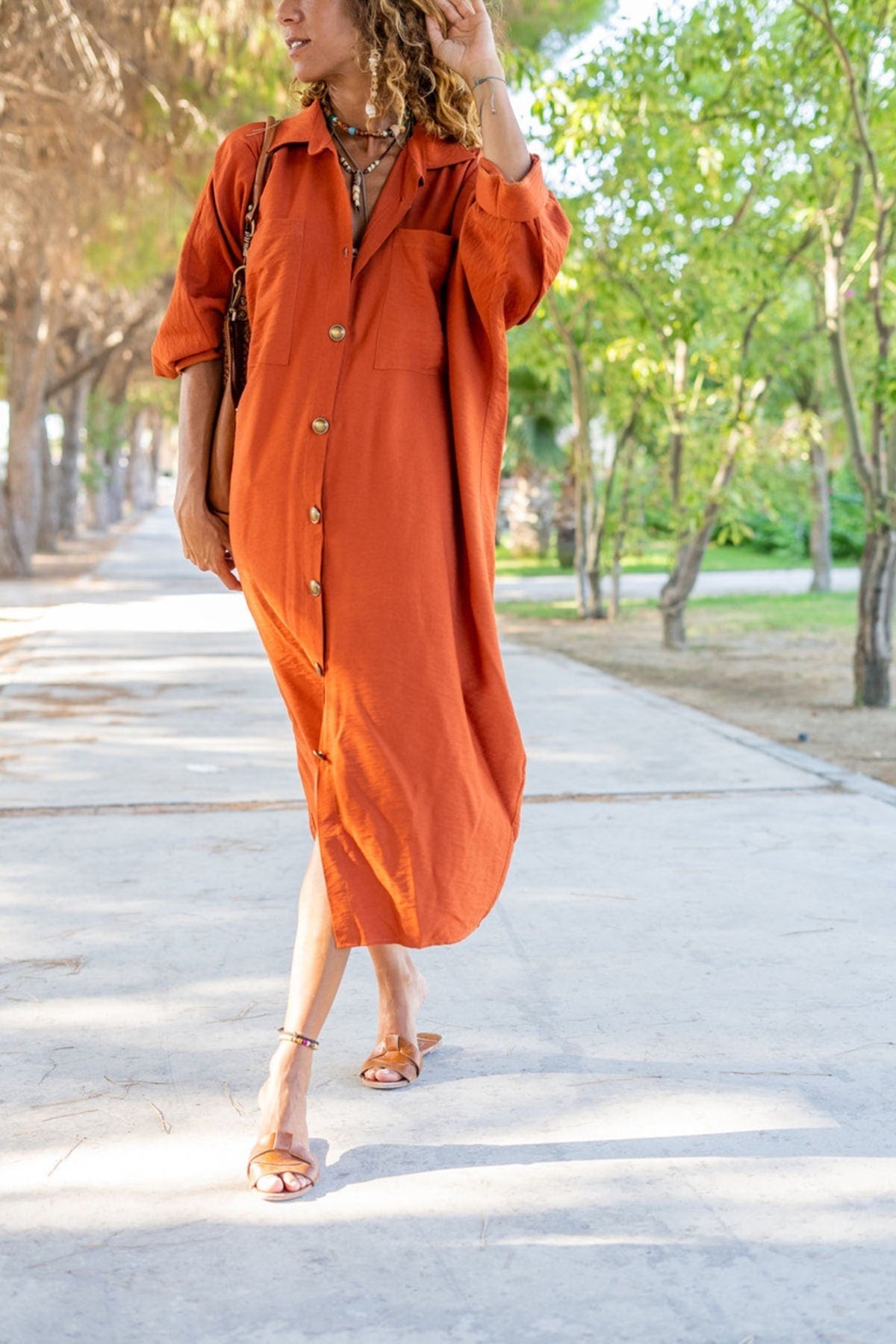 Vintage Linen Bat Sleeve Loose Pocket Shirt Dress Long Sleeve, Polo Collared Dress, Button Down Dress, Casual Dress,Vintage Dress,Maxi Dress