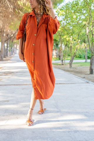 Vintage Linen Bat Sleeve Loose Pocket Shirt Dress Long Sleeve, Polo Collared Dress, Button Down Dress, Casual Dress,Vintage Dress,Maxi Dress