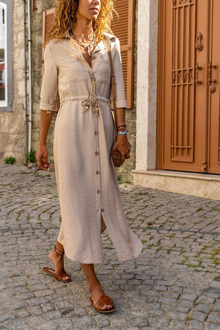 Linen Waist Pleated Straw Belt Vintage Shirt Dress,With Pocket Short Sleeve,Polo Collared Dress,Button Down Dress,Casual Dress,Maxi Dress