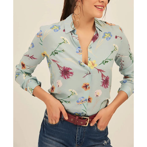 Blue Floral Pattern Attractive Vintage  Woman Blouse, Floral Pattern Blouse,Gift For Her,Collar Blouse,Cotton Blouse,Boho Blouse,80s Blouse