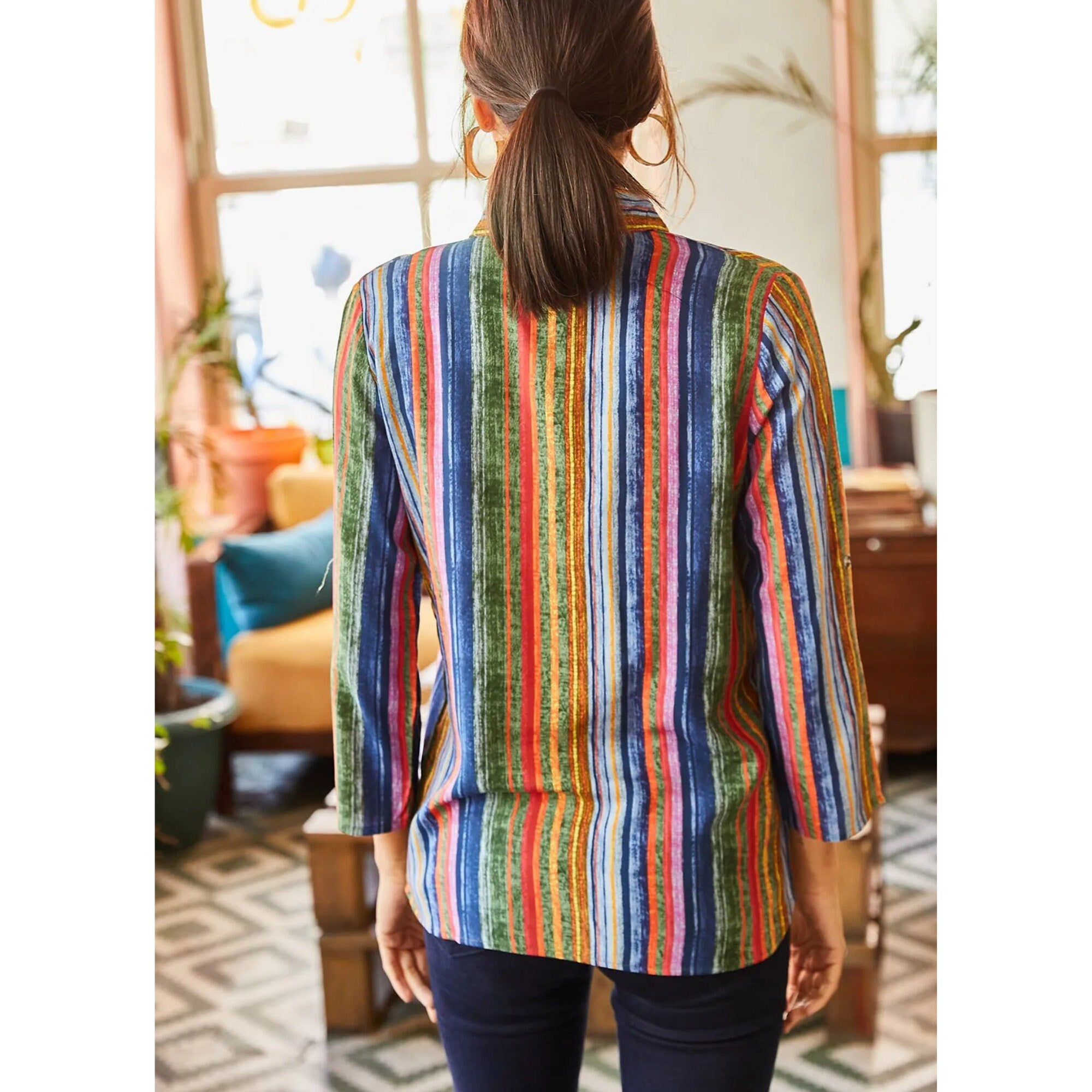 Multicolored Antique Woven Viscose Vintage Woman Blouse,Stripe