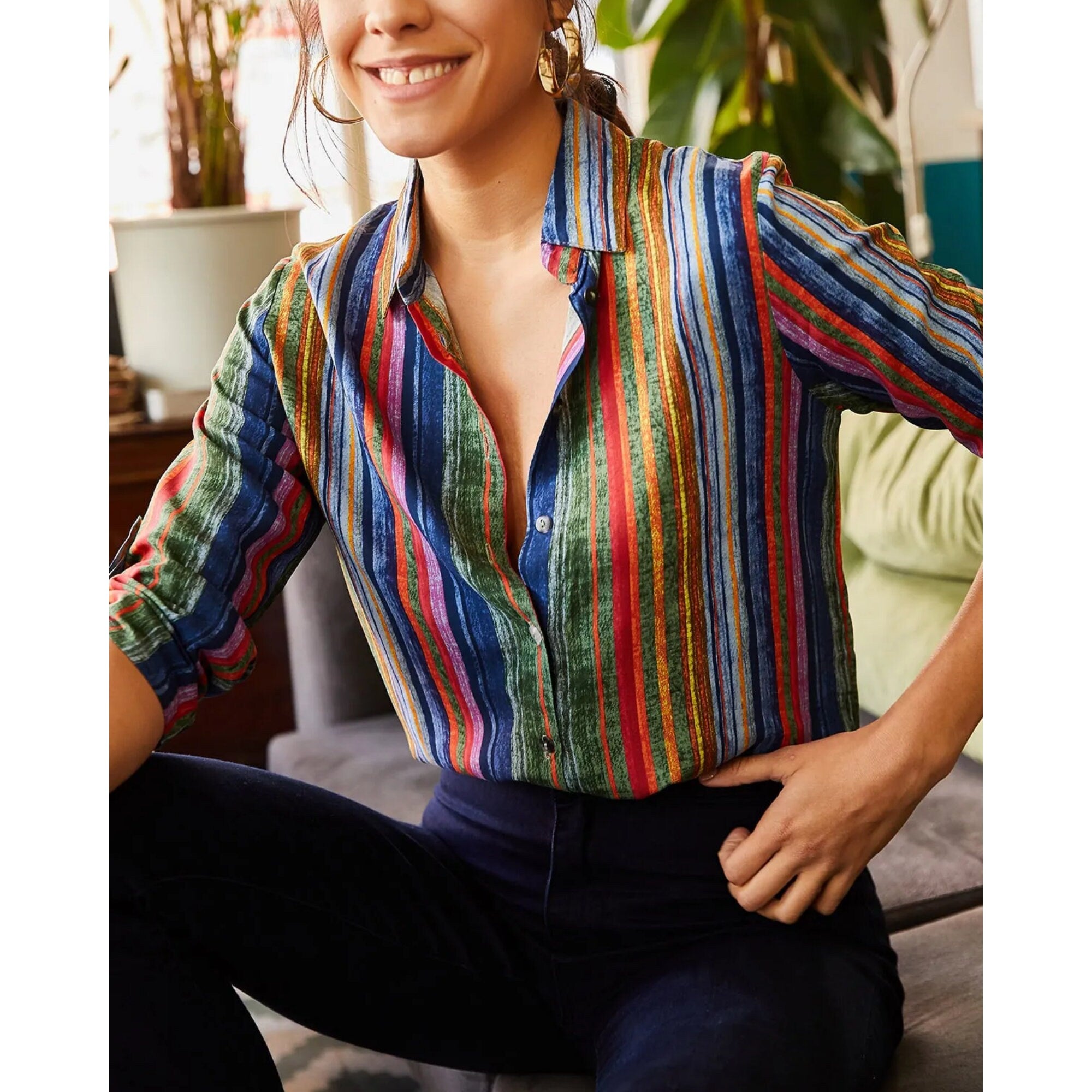 Multicolored Antique Woven Viscose Vintage Woman Blouse,Stripe Blouse, Gift  For Her, Collar Blouse,Cotton Blouse,Boho Blouse, 80s Blouse