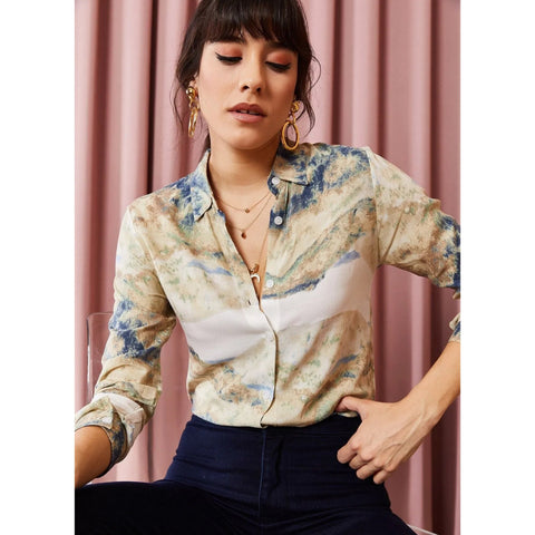 Women's Stone Tie Dye Viscose Shirt, Vintage Blouse, Gift For Her, Collar Blouse,Cotton Blouse,Boho Blouse,  80s Blouse