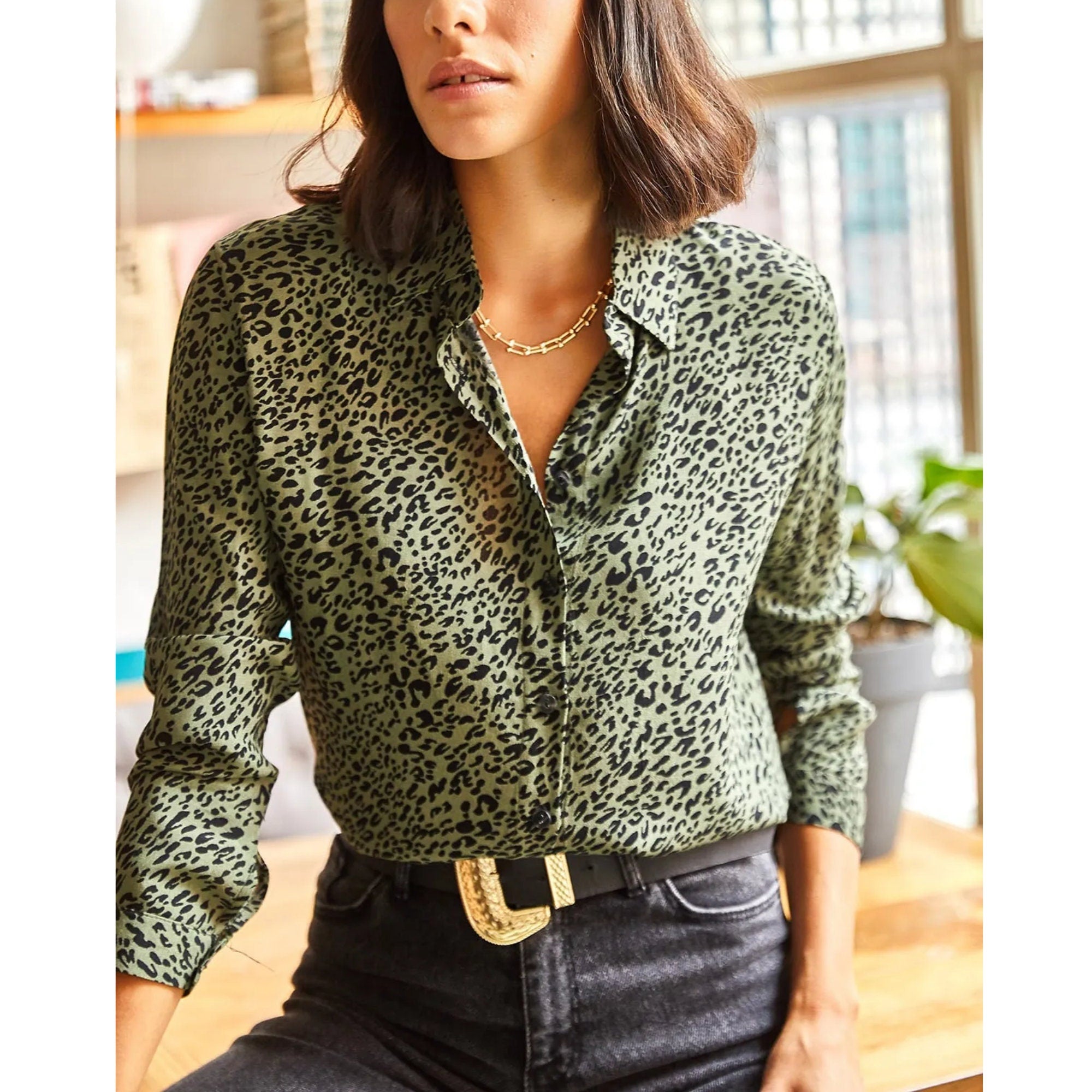 Green Leopard Woven Viscose Vintage Woman Blouse,Stripe Blouse, Gift F –  puresunlady