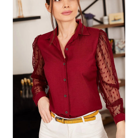 Tulle Sleeve Polka Dot Viscose Vintage Blouse,Collar Blouse,Buttoned Shirt-Button Down Shirt-Womens Top-Casual Top-Minimalist Women Blouse 4