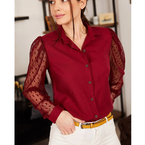 Tulle Sleeve Polka Dot Viscose Vintage Blouse,Collar Blouse,Buttoned Shirt-Button Down Shirt-Womens Top-Casual Top-Minimalist Women Blouse 4