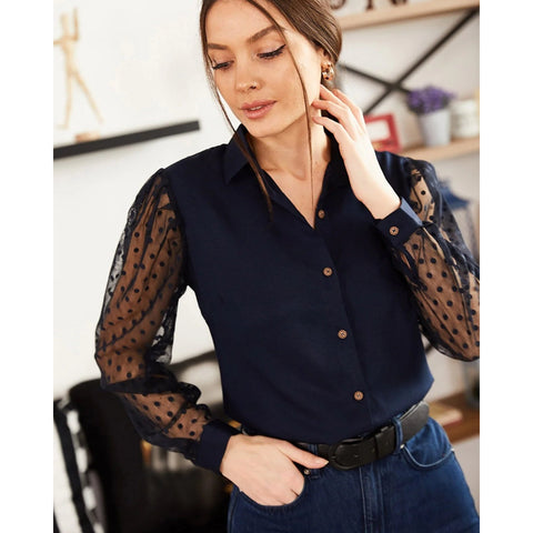 Tulle Sleeve Polka Dot Viscose Vintage Blouse,Collar Blouse,Buttoned Shirt-Button Down Shirt-Womens Top-Casual Top-Minimalist Women Blouse 4