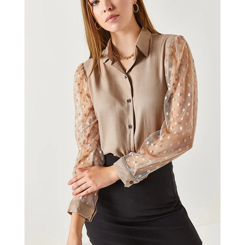 Tulle Sleeve Polka Dot Viscose Vintage Blouse,Collar Blouse,Buttoned Shirt-Button Down Shirt-Womens Top-Casual Top-Minimalist Women Blouse 4