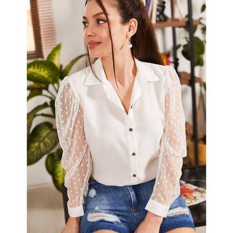 Tulle Sleeve Polka Dot Viscose Vintage Blouse,Collar Blouse,Buttoned Shirt-Button Down Shirt-Womens Top-Casual Top-Minimalist Women Blouse 4
