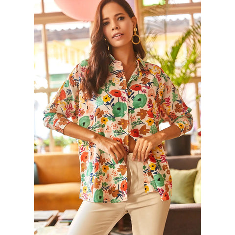 Blue Feather Oval Bat Oversize Linen Viscose Woman Blouse With Pocket,Vintage Blouse,Floral Pattern Blouse, Gift For Her, Collar Blouse