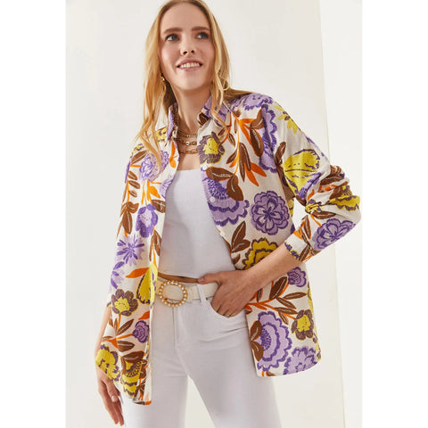 Blue Feather Oval Bat Oversize Linen Viscose Woman Blouse With Pocket,Vintage Blouse,Floral Pattern Blouse, Gift For Her, Collar Blouse