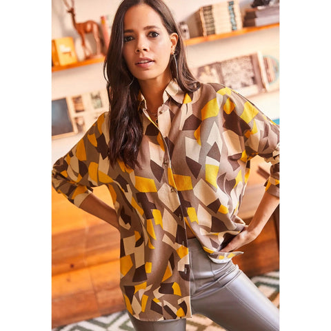 Blue Feather Oval Bat Oversize Linen Viscose Woman Blouse With Pocket,Vintage Blouse,Floral Pattern Blouse, Gift For Her, Collar Blouse