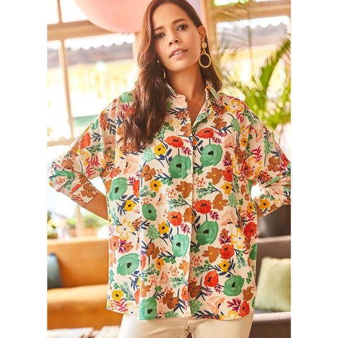 Oval Bat Oversize Linen Viscose Woman Blouse With Pocket,Vintage Blouse,Floral Pattern Blouse, Gift For Her, Collar Blouse,Boho Blouse 3