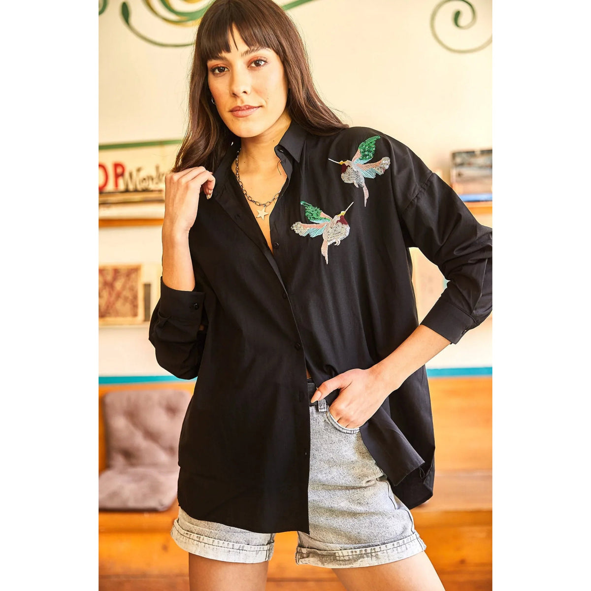 Bird Sequin Detailed Woven Boyfriend Woman Blouse,Cotton Blouse,Vintage Blouse, Gift For Her, Collar Blouse,Boho Blouse 2
