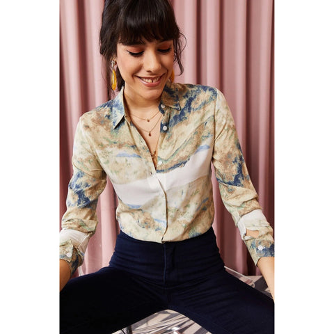 Women's Stone Tie Dye Viscose Shirt, Vintage Blouse, Gift For Her, Collar Blouse,Cotton Blouse,Boho Blouse,  80s Blouse