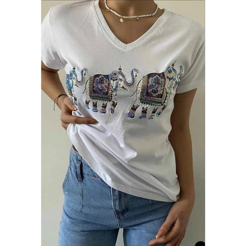 Elephant Pattern Sequin Embroidered Cotton V-Neck Women's T-shirt,Cotton Blouse,Vintage T-shirt,Gift For Her,Boho T-shirt,Woman Shirts