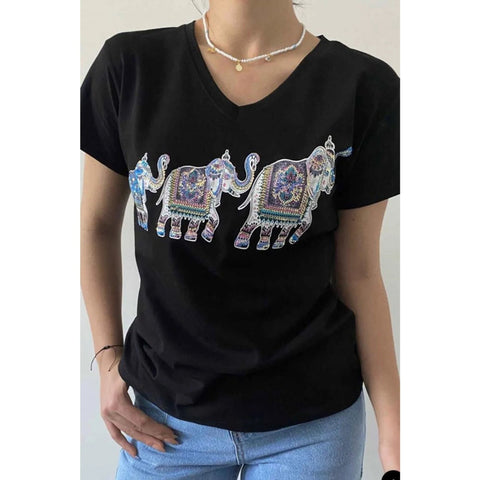 Elephant Pattern Sequin Embroidered Cotton V-Neck Women's T-shirt,Cotton Blouse,Vintage T-shirt,Gift For Her,Boho T-shirt,Woman Shirts