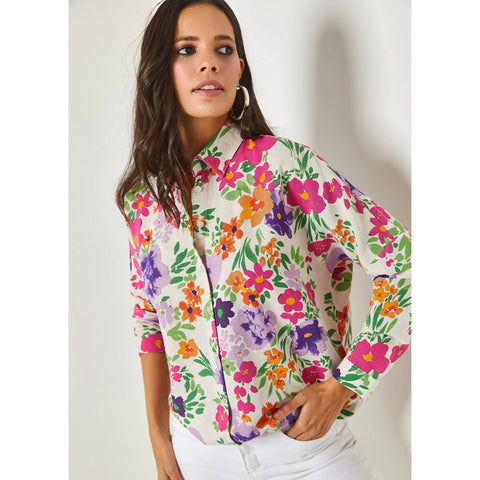 Blue Feather Oval Bat Oversize Linen Viscose Woman Blouse With Pocket,Vintage Blouse,Floral Pattern Blouse, Gift For Her, Collar Blouse