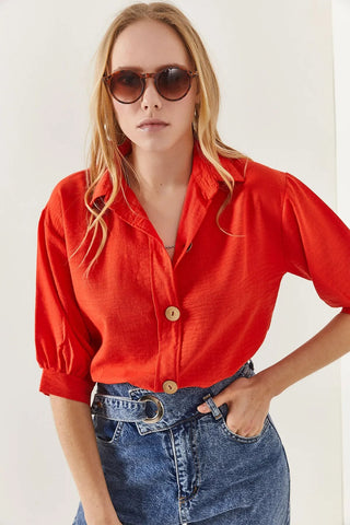 Wooden Buttoned Three Quarter Sleeve Minimalist & Affordable Woman Blouse, Vintage Blouse,Gift For Her, Collar Blouse,Boho Blouse 2