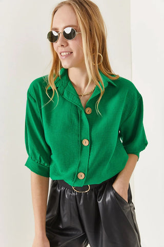 Wooden Buttoned Three Quarter Sleeve Minimalist & Affordable Woman Blouse, Vintage Blouse,Gift For Her, Collar Blouse,Boho Blouse 2