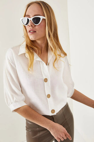 Wooden Buttoned Three Quarter Sleeve Minimalist & Affordable Woman Blouse, Vintage Blouse,Gift For Her, Collar Blouse,Boho Blouse 2