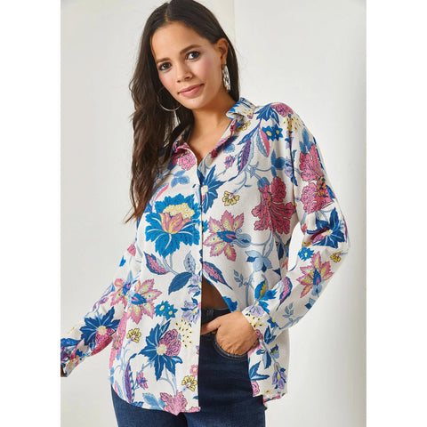 Oval Bat Oversize Linen Viscose Woman Blouse With Pocket,Vintage Blouse,Floral Pattern Blouse, Gift For Her, Collar Blouse,Boho Blouse 24