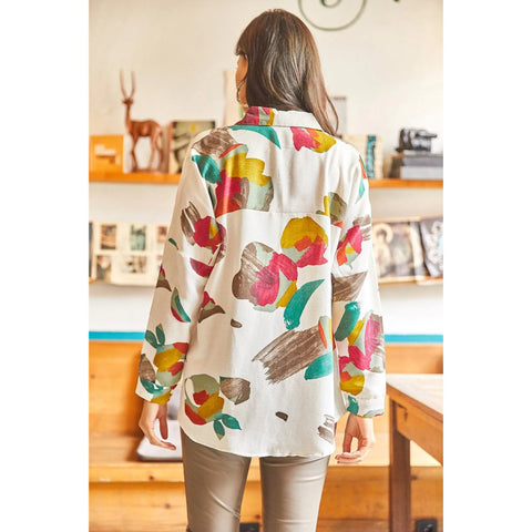 Black White Oval Bat Oversize Linen Viscose Woman Blouse With Pocket,Vintage Blouse,Floral Pattern Blouse, Gift For Her, Collar Blouse
