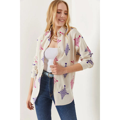 Black White Oval Bat Oversize Linen Viscose Woman Blouse With Pocket,Vintage Blouse,Floral Pattern Blouse, Gift For Her, Collar Blouse