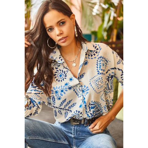 Black White Oval Bat Oversize Linen Viscose Woman Blouse With Pocket,Vintage Blouse,Floral Pattern Blouse, Gift For Her, Collar Blouse