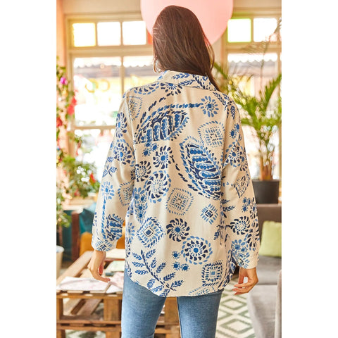 Black White Oval Bat Oversize Linen Viscose Woman Blouse With Pocket,Vintage Blouse,Floral Pattern Blouse, Gift For Her, Collar Blouse