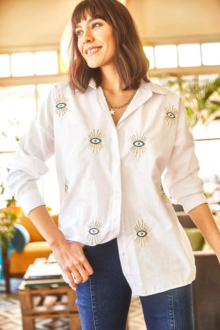 Evil Eye, Eye Sequin Detailed Embroidery Boyfriend Woman Blouse,Bohemian Cotton Blouse,Vintage Blouse,Oversize Women Tops,Boho Blouse