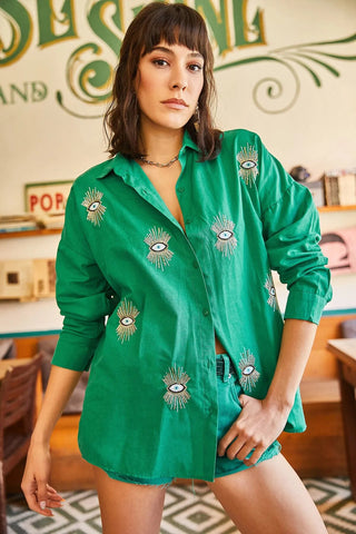 Evil Eye,Eye Sequin Detailed Embroidery Boyfriend Woman Blouse,Bohemian Cotton Blouse,Vintage Blouse,Gift For Her,Women Tops,Boho Blouse 1