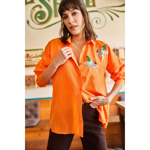 Bird Sequin Detailed Woven Boyfriend Woman Blouse,Cotton Blouse,Vintage Blouse, Gift For Her, Collar Blouse,Boho Blouse 2