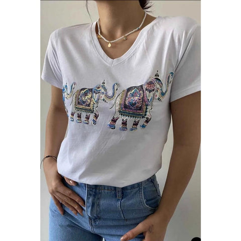 Elephant Pattern Sequin Embroidered Cotton V-Neck Women's T-shirt,Cotton Blouse,Vintage T-shirt,Gift For Her,Boho T-shirt,Woman Shirts