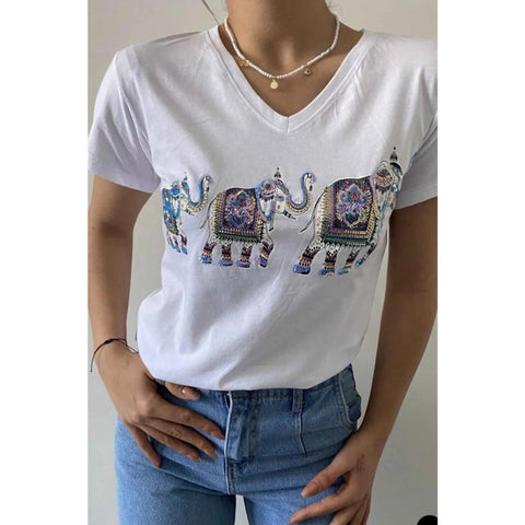 Elephant Pattern Sequin Embroidered Cotton V-Neck Women's T-shirt,Cotton Blouse,Vintage T-shirt,Gift For Her,Boho T-shirt,Woman Shirts