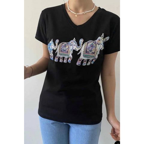 Elephant Pattern Sequin Embroidered Cotton V-Neck Women's T-shirt,Cotton Blouse,Vintage T-shirt,Gift For Her,Boho T-shirt,Woman Shirts