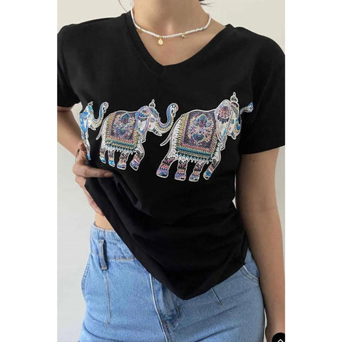 Elephant Pattern Sequin Embroidered Cotton V-Neck Women's T-shirt,Cotton Blouse,Vintage T-shirt,Gift For Her,Boho T-shirt,Woman Shirts