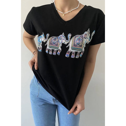 Elephant Pattern Sequin Embroidered Cotton V-Neck Women's T-shirt,Cotton Blouse,Vintage T-shirt,Gift For Her,Boho T-shirt,Woman Shirts