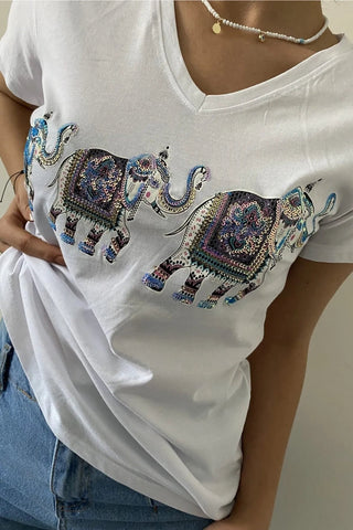 Elephant Pattern Sequin Embroidered Cotton V-Neck Women's T-shirt,Cotton Blouse,Vintage T-shirt,Gift For Her,Boho T-shirt,Woman Shirts