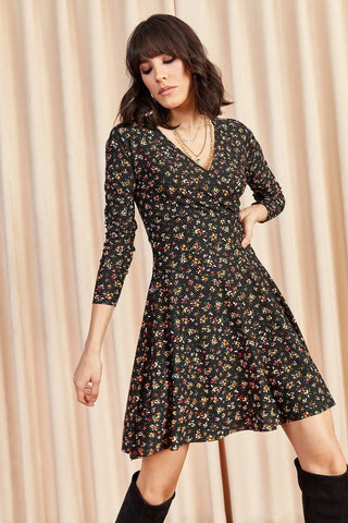 Women's  Black Double Breasted Floral Mini Dress,Relaxed Summer Dress, Floral Print Dress, Black Dress,Party Dress,Boho Style  Cute Dress