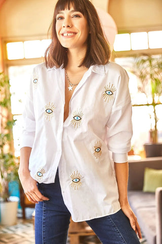 Evil Eye,Eye Sequin Detailed Embroidery Boyfriend Woman Blouse,Bohemian Cotton Blouse,Vintage Blouse,Gift For Her,Women Tops,Boho Blouse 1