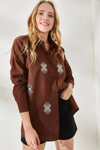 Evil Eye,Eye Sequin Detailed Embroidery Boyfriend Woman Blouse,Bohemian Cotton Blouse,Vintage Blouse,Gift For Her,Women Tops,Boho Blouse 1