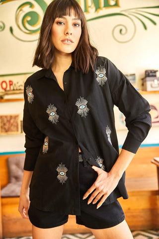 Evil Eye,Eye Sequin Detailed Embroidery Boyfriend Woman Blouse,Bohemian Cotton Blouse,Vintage Blouse,Gift For Her,Women Tops,Boho Blouse 1