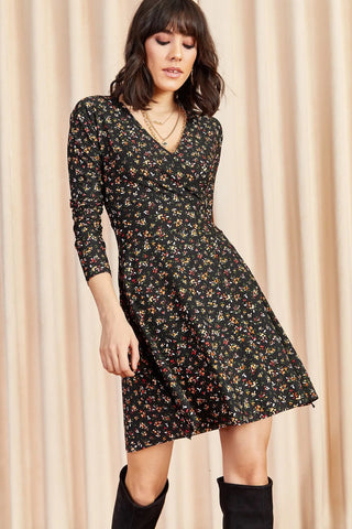 Women's  Black Double Breasted Floral Mini Dress,Relaxed Summer Dress, Floral Print Dress, Black Dress,Party Dress,Boho Style  Cute Dress